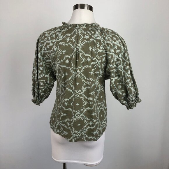 Omika NWOT Batik Linen Blend Peasant Blouse Handmade India Tassel XS Runs Larger - Picture 4 of 8